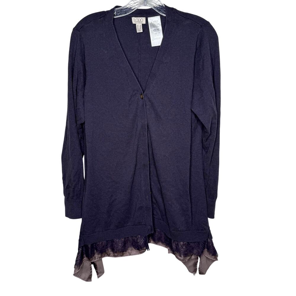 LOGO by Lori Goldstein Purple‎ Lace Hem Cardigan Women’s 1X  Boho Layered Hem